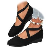 2026 New Womens Pointed Toe Ballet Wedge Dress Shoes Round Toe Comfy Pump, Women's Comfy Elastic Crisscross Strap Wedge Slip-On Shoes (Black,41)