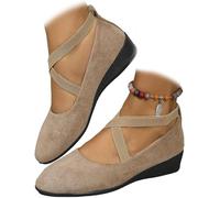 2026 New Womens Pointed Toe Ballet Wedge Dress Shoes Round Toe Comfy Pump, Women's Comfy Elastic Crisscross Strap Wedge Slip-On Shoes (Khaki,42)