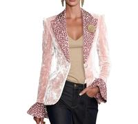 2026 New Womens Velvet Blazer Leopard Print Notched Lapel Single Button Suit Jackets Velvet Print Blazer for Work & Night out (Light Pink,L)