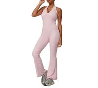 2026 Novedades en ropa de mujer vestido de verano mono de mujer en cuello de encaje de color liso, espalda descubierta, realza la figura, con pierna acampanada, ideal para yoga y deportes., Rosa., L
