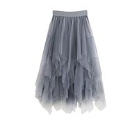 2026 Nueva Falda de pastel de media longitud media con costuras irregulares de malla para mujer, gris, talla única
