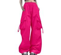 2026 - Pantalones cargo para mujer, corte relajado, ropa holgada, pantalones negros, cintura alta, cierre de cremallera, cintura con bolsillos, talla grande, Rosa intenso., L