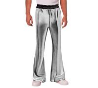 2026 Pantalones casuales para hombre, pantalones acampanados de cintura alta, brillantes, elásticos, cómodos, para uso diario, fiestas, tops con camiseta chaleco, plata, M