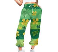 2026 Pantalones de chándal para mujer con estampado de St Pa Day, bolsillos, cintura alta, gimnasio, atlético, pantalones de jogger, dorado, S