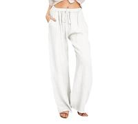 2026 Pantalones de Lino Pantalones Anchos Largo Cordón Casual Elástico Mujer Pierna Pantalones de Algodón Sólido, Blanco, S