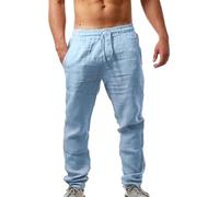 2026 Pantalones elásticos para hombre, color sólido, transpirable, algodón, lino, pantalones casuales sueltos, pantalones de portero para hombre, acolchados, azul celeste, S