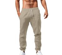 2026 - Pantalones Largos para Hombre Color Sólido Transpirables Paquetes Pies Lino Sueltos Pantalones Casual Pantalones Elegantes Hombres, caqui, XXL