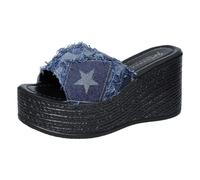 2026 - Pantuflas para mujer, informales, retro, tela de estrella antigua, parte inferior gruesa, playa, talla grande, sandalias de tacón inclinado, Blue, 37.5 EU