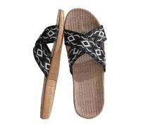 2026 Par Retro Bloque de Color Impresión Playa Al Aire Libre Vestir En Casa Algodón Lino De Gran Tamaño Antideslizante Cuatro Estaciones Sandalias Zapatillas, Negro , 40 EU