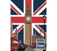2026 Planner: London United Kingdom Red double-Recker Buses Union Jack UK Flag Themed Cover Design Daily Weekly Diary 12 Month Calendar Vision board Schedule Organizer Goals Dairy Notes