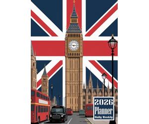 2026 Planner: London United Kingdom Red double-Recker Buses Union Jack UK Flag Themed Cover Design Daily Weekly Diary 12 Month Calendar Vision board Schedule Organizer Goals Dairy Notes