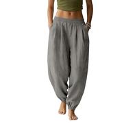 2026-Plus Size Loose Fit High Waist Wide Leg Pants Casual Comfort Natural Mix Elastic Waist Pants, gris, L