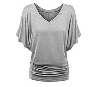 2026 Plus Top Cuello en V Manga Murciélago Suelta Camiseta Tamaño de Moda Dobladillo Plisado Mujeres Sólido Más Talla Tops, gris, S