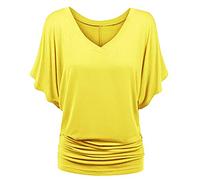 2026 Plus Top Cuello en V Manga Murciélago Suelta Camiseta Tamaño de Moda Dobladillo Plisado Mujeres Sólido Más Talla Tops, amarillo, 4XL
