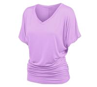 2026 Plus Top Cuello en V Manga Murciélago Suelta Camiseta Tamaño de Moda Dobladillo Plisado Mujeres Sólido Más Talla Tops, morado, L