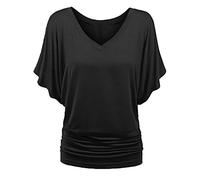 2026 Plus Top Cuello en V Manga Murciélago Suelta Camiseta Tamaño de Moda Dobladillo Plisado Mujeres Sólido Más Talla Tops, Negro , S