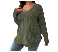 2026 Producto novedoso de invierno elegante y casual para mujer, de un solo color, talla grande, top con cuello en V, de manga larga, camiseta cepillada, suéter para mujer, verde, 4XL