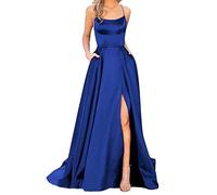 2026 Prom Dresses for Women Long Elegant Backless Crisn Satin Spaghetti Party Dress Side Slit Wedding Evening with Pockets 1920, Sky(Darkblue,L)