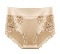 2026 Ropa interior de encaje de mujer de algodón de talla grande de cintura alta invisible Femenino transpirable, beige, L