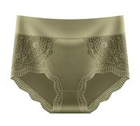 2026 Ropa interior de encaje de mujer de algodón de talla grande de cintura alta invisible Femenino transpirable, Verde militar., L