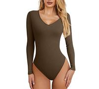 2026 Ropa interior de punto para mujer, cuello redondo, leggings de manga larga, mono ajustado, bodysuit, marrón, L