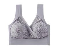 2026 Ropa interior sin trazas para mujer con copa fina sin anillo de acero fruncido, decoración de encaje para sujetador de dormir de tallas grandes, gris, 3XL