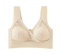 2026 Ropa interior sin trazas para mujer con copa fina sin anillo de acero fruncido, decoración de encaje para sujetador de dormir de tallas grandes, beige, 3XL