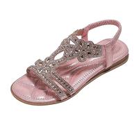 2026 Sandalias Mujeres Vestidas Verano Plano Rhinestone Flor Cuero Bohemio Sandalias T-Correa Elástica De Tobillo Punta Abierta Zapatos De Playa Casual Cristal Floral Zapatos, rosa, 38 EU