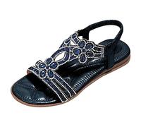 2026 Sandalias Mujeres Vestidas Verano Plano Rhinestone Flor Cuero Bohemio Sandalias T-Correa Elástica De Tobillo Punta Abierta Zapatos De Playa Casual Cristal Floral Zapatos, azul oscuro, 38 EU
