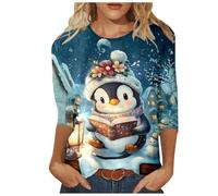 2026 Serie de pingüinos navideños para mujer, manga cuarta, azul, M