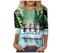 2026 Serie de pingüinos navideños para mujer, manga cuarta, verde, L