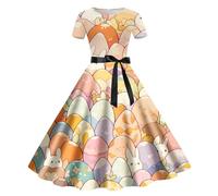 2026 Sexy Easter Printed Round Neck Short Sleeve Retro Casual Dress (1)(Beige,XL)