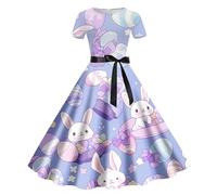 2026 Sexy Easter Printed Round Neck Short Sleeve Retro Casual Dress (1)(Blue,M)