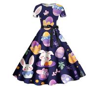 2026 Sexy Easter Printed Round Neck Short Sleeve Retro Casual Dress (1)(Navy,S)