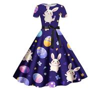 2026 Sexy Easter Printed Round Neck Short Sleeve Retro Casual Dress (1)(Purple,L)