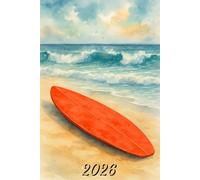 2026: Small Monthly Calendar Planner - Watercolor Surfboard On A Beach With Ocean Waves
