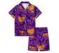 2026 Sommer-Nachtwäsche-Set für Mädchen, kurzärmelig, Shorts, Pyjama, Halloween-Aufdruck, weich, Bequem, elastische Taille, Loungewear für den Innenbereich, Kinder im Von 3 bis 13 (Purple, 12-13