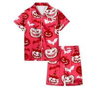 2026 Sommer-Nachtwäsche-Set für Mädchen, kurzärmelig, Shorts, Pyjama, Halloween-Aufdruck, weich, bequem, elastische Taille, Loungewear für den Innenbereich, Kinder im von 3 bis 13 Jahren (12-13 Years)