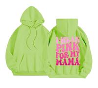 2026 Sudadera con capucha de manga larga para mujer para educación sobre el cáncer de mama para el día a día y el ocio que promueve la prevención, diseño estampado de letras, verde, S