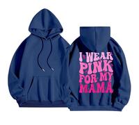 2026 Sudadera con capucha de manga larga para mujer para educación sobre el cáncer de mama para el día a día y el ocio que promueve la prevención, diseño estampado de letras, azul, L