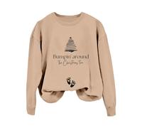 2026 Sudadera con capucha para mujer con estampado de la letra "Bumpin Around The Christmas Tree", manga larga, informal, hombros descubiertos, sin mangas (1), caqui, XL