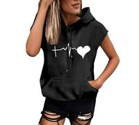 2026 Sudadera con capucha para mujer sin mangas- Gran Tamaño Impreso Suelto Casual Camiseta con Bolsillos Y Cordón Cómodo Baggy Chic Simple Todos los Días Verano Deporte Top Base, Negro , XXX-Large
