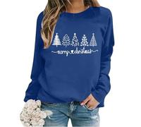 2026 Sudadera de manga larga con estampado de letras y cuello redondo y talla grande de Navidad, azul, 3XL