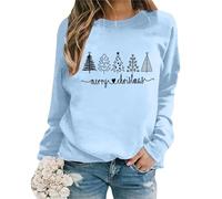 2026 Sudadera de manga larga con estampado de letras y cuello redondo y talla grande de Navidad, azul celeste, XXL