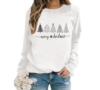 2026 Sudadera de manga larga con estampado de letras y cuello redondo y talla grande de Navidad, Blanco, XXL