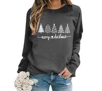 2026 Sudadera de manga larga con estampado de letras y cuello redondo y talla grande de Navidad, gris oscuro, 3XL