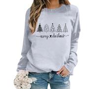 2026 Sudadera de manga larga con estampado de letras y cuello redondo y talla grande de Navidad, Gris claro., XXL