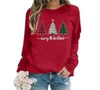 2026 Sudadera de manga larga con estampado de letras y cuello redondo y talla grande de Navidad, rojo, XXL