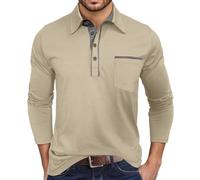 2026 T Shirt Herren Slim Fit Langarmhemd Stilvoller Kontrastkragen Lässiges Button-Down Hemd mit Brusttasche für den Alltag Winter, beige, M