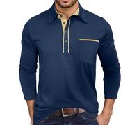 2026 T Shirt Herren Slim Fit Langarmhemd Stilvoller Kontrastkragen Lässiges Button-Down Hemd mit Brusttasche für den Alltag Winter, marine, 3XL